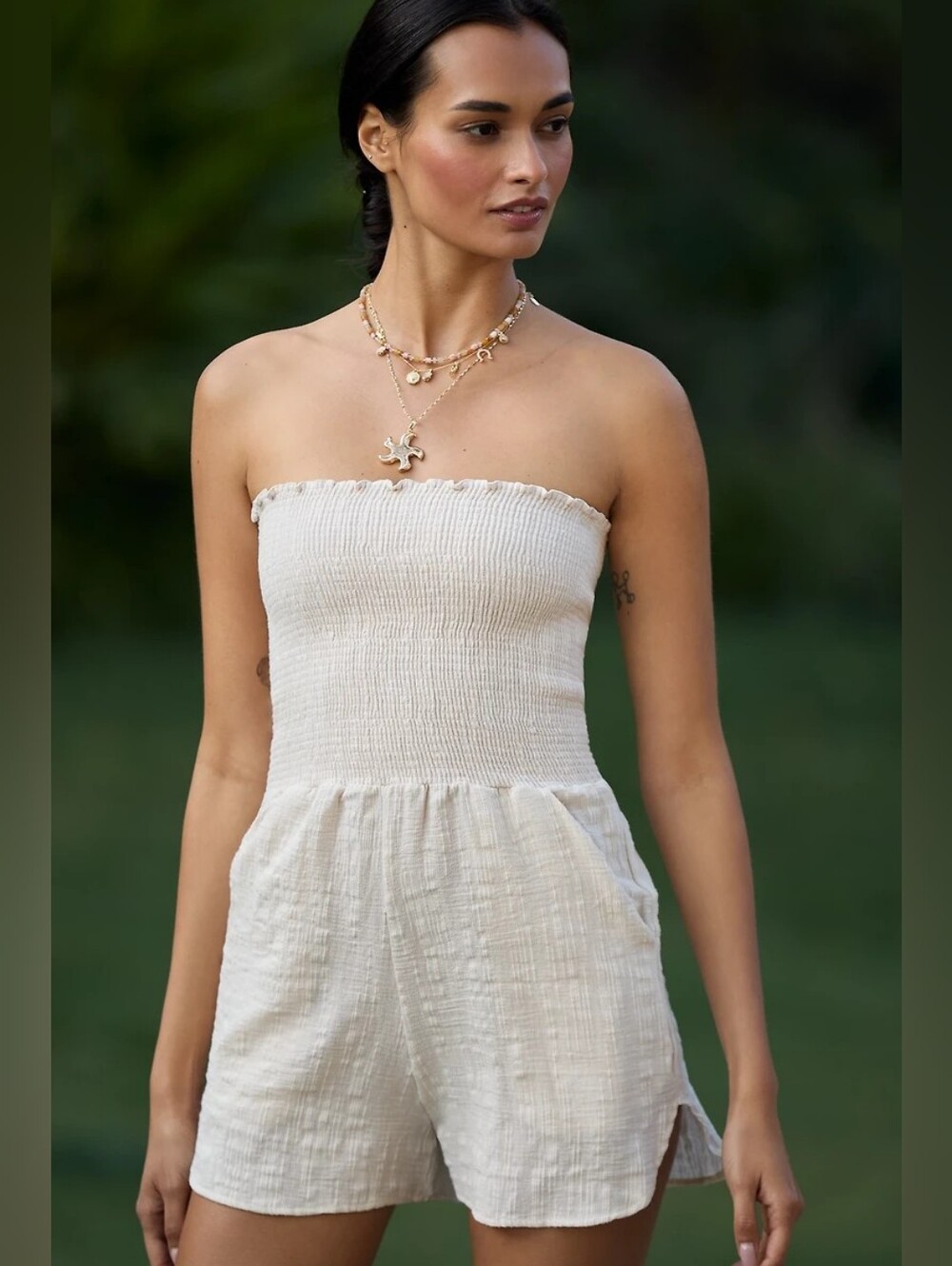 {Peixoto} Anthropologie Torey Strapless Smocked Romper